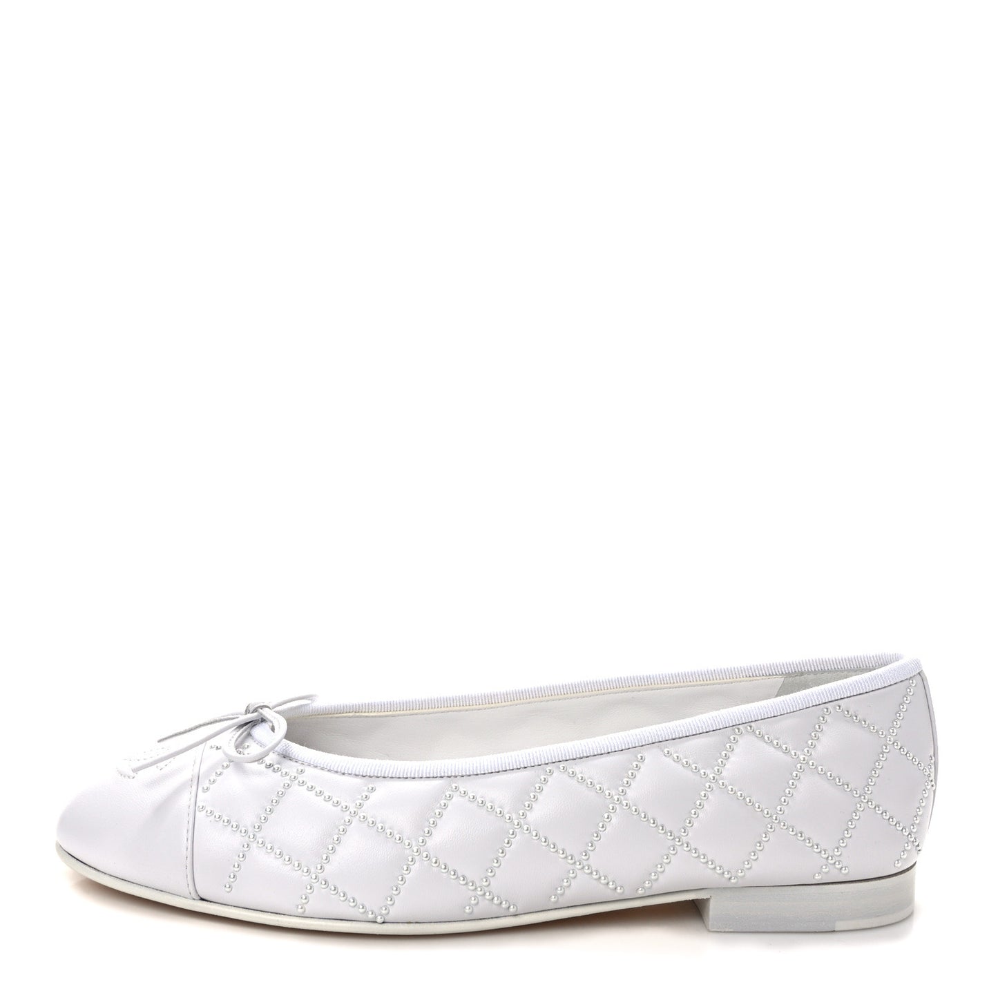 Lambskin Pearl Embroidered Quilted Cap Toe Ballerina Flats 38.5 White