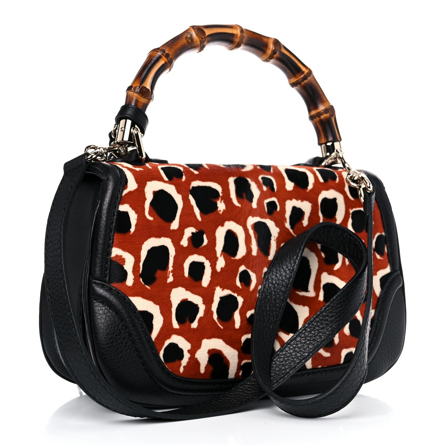 Calf Hair Leopard Print Medium New Bamboo Top Handle Bag Red