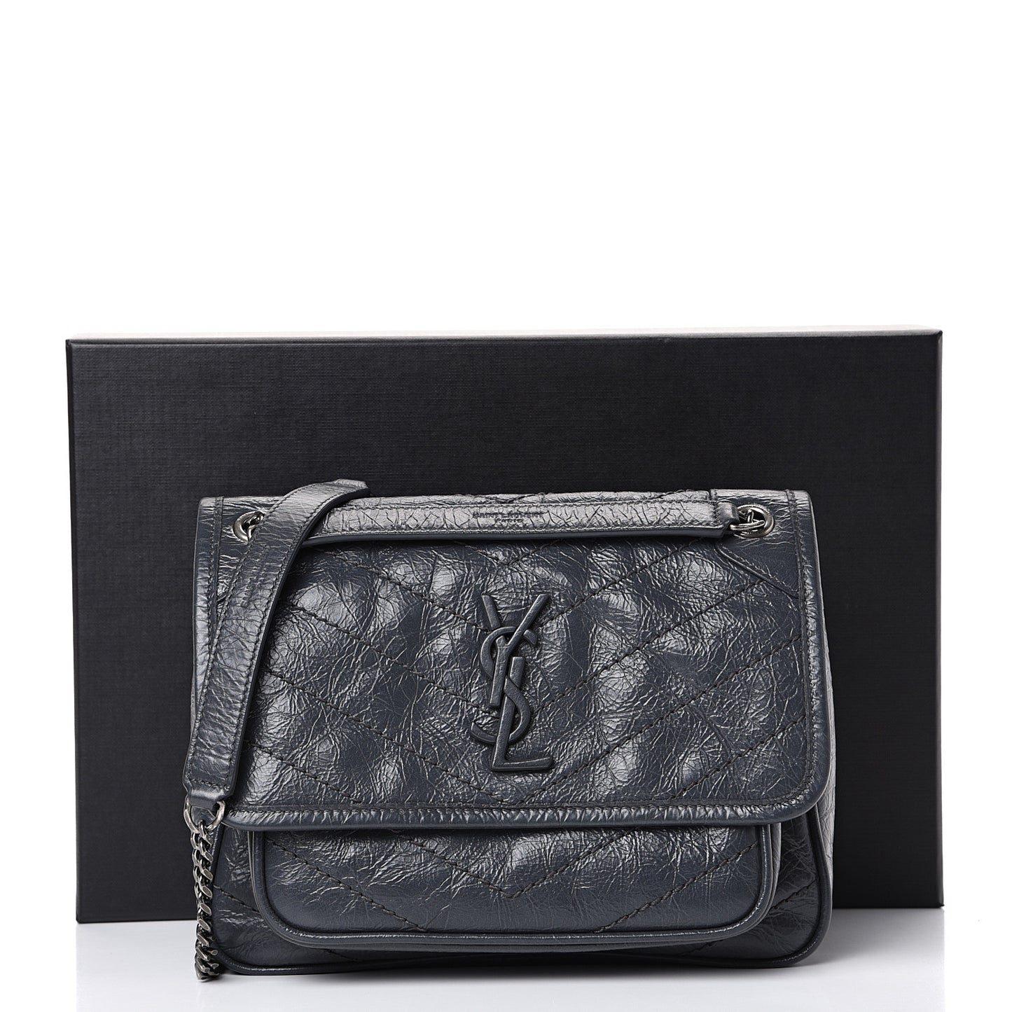 Crinkled Calfskin Matelasse Monogram Baby Niki Chain Satchel Storm
