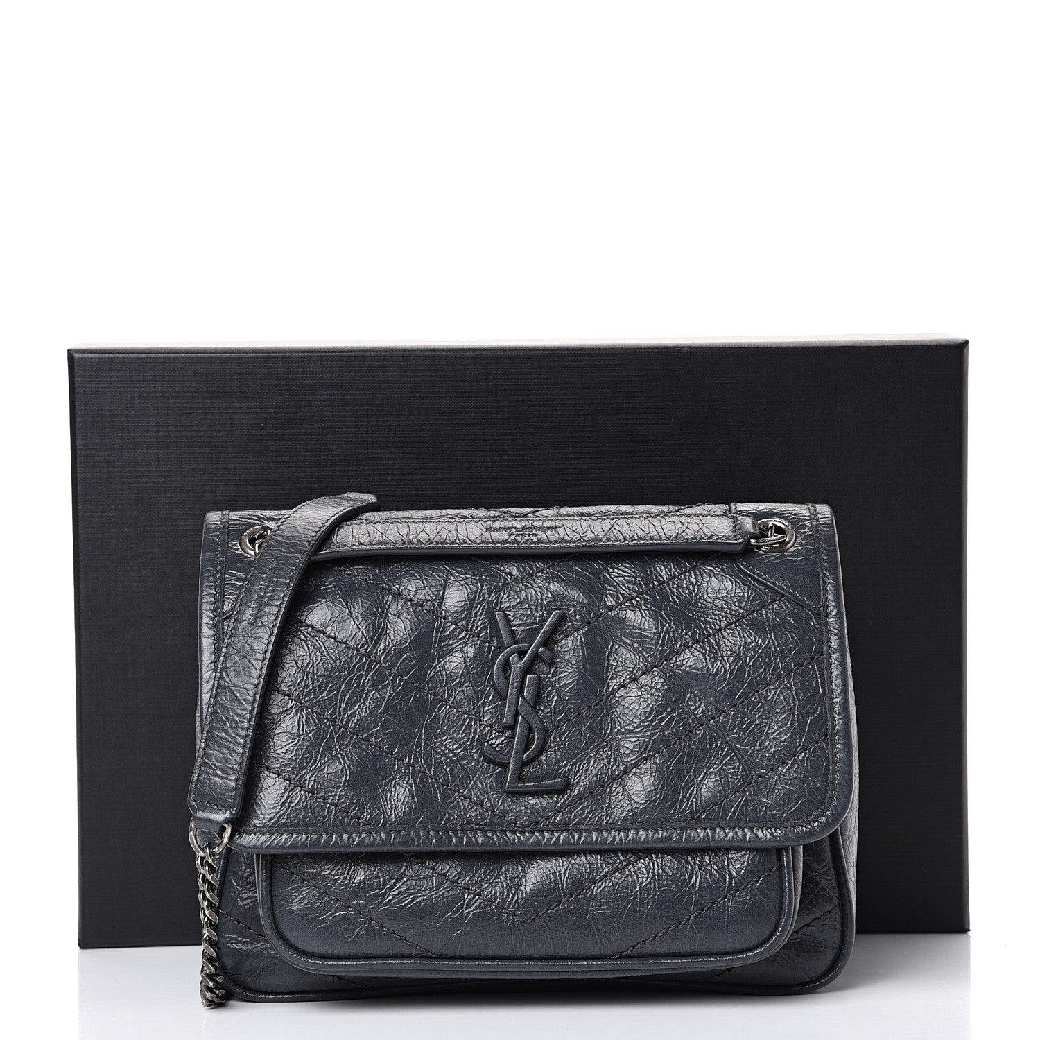 Saint Laurent Crinkled Calfskin Matelasse Monogram Baby Niki Chain Satchel Storm 11 of 11