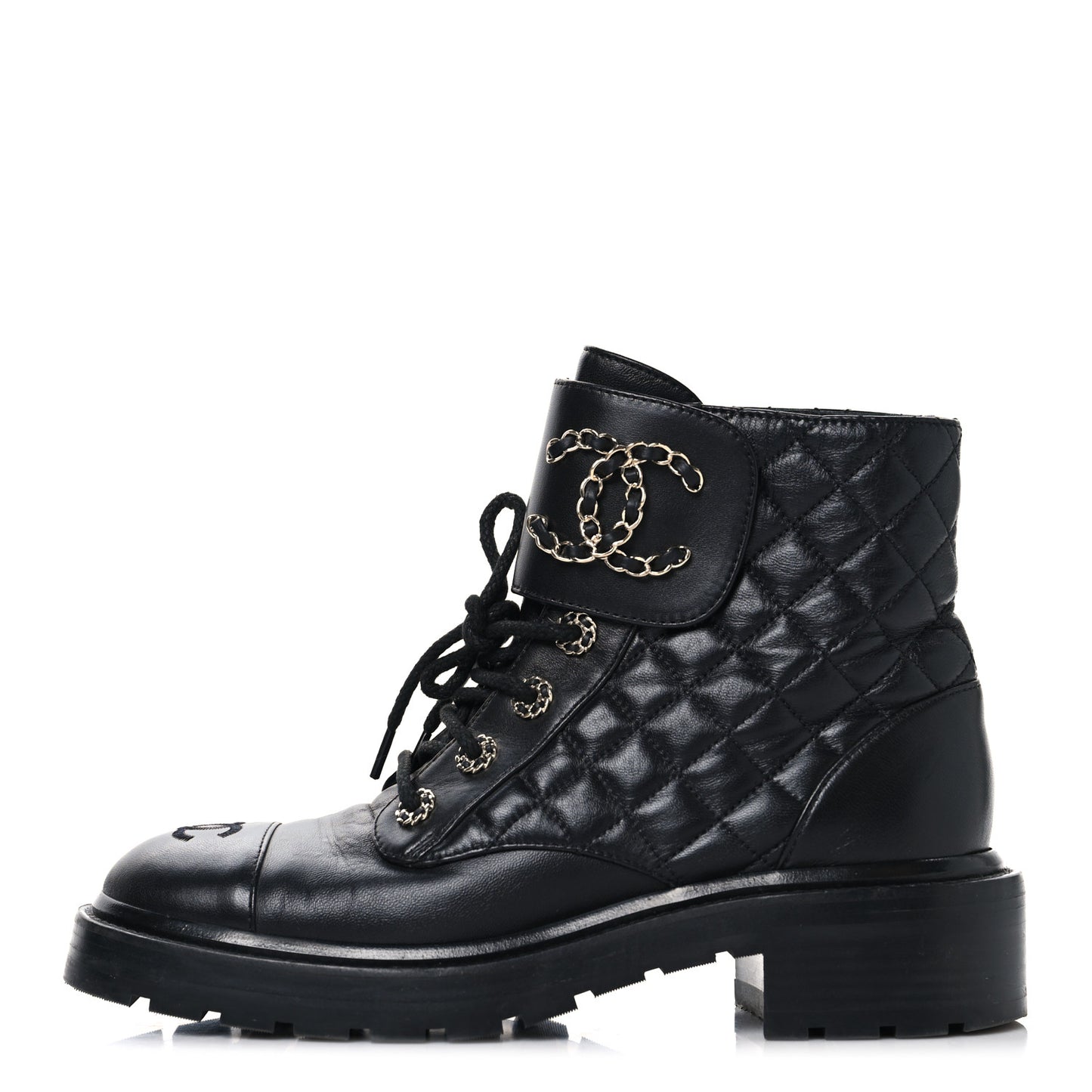Shiny Lambskin Quilted Lace Up Combat Boots 39 Black