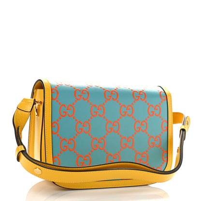 Gucci Azalea Calfskin GG Monogram Bi-Color Debossed Horsebit 1955 Shoulder Bag Dusty Azure Stone Topaz Deep Orange 3 of 9