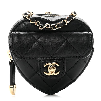 Chanel Lambskin Quilted CC In Love Heart Coin Purse With Chain Black 1 of 7