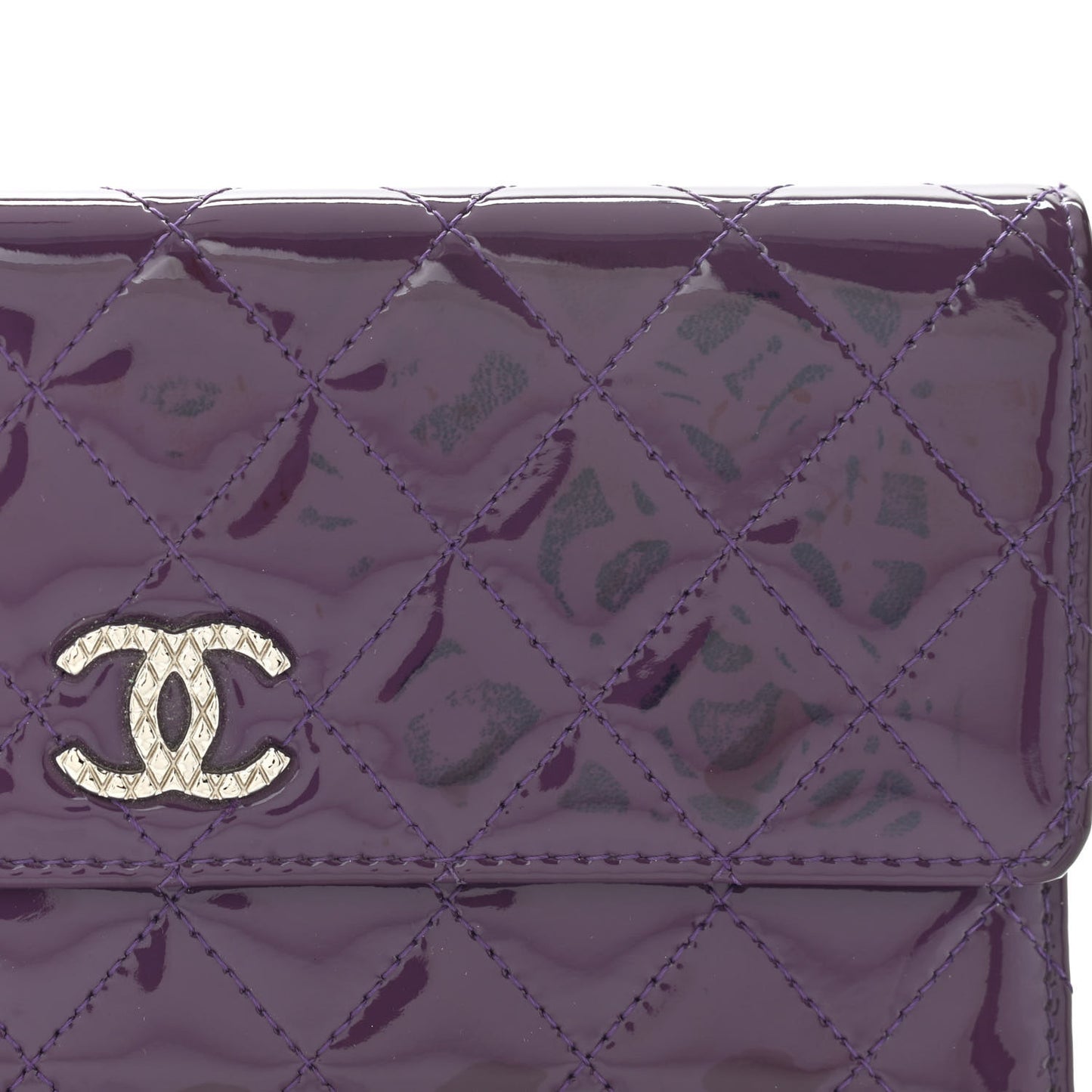 Patent Calfskin Quilted Large Brilliant Flap Wallet Purple