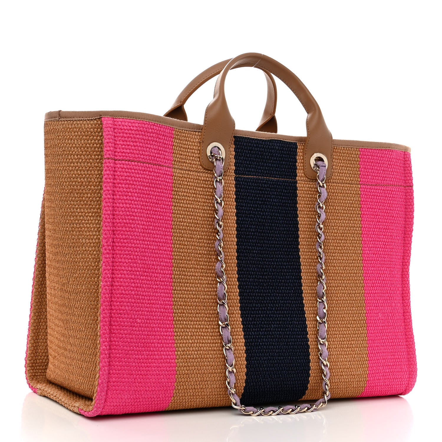 Chanel Straw Raffia Calfskin Striped Large Deauville Tote Dark Beige Fuchsia Navy Blue 3 of 10