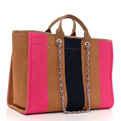 Chanel Straw Raffia Calfskin Striped Large Deauville Tote Dark Beige Fuchsia Navy Blue 3 of 10