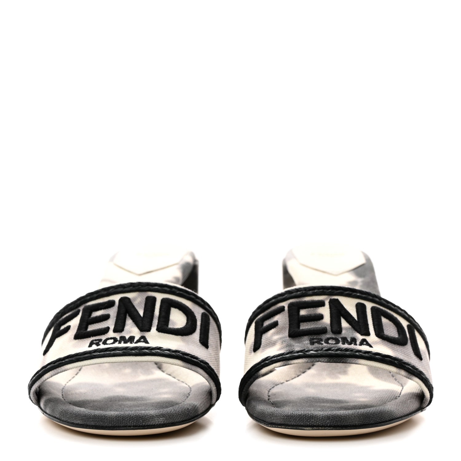Fendi Canvas Floral Print Logo Mid-Heel Slide Sandals 40.5 Black White 2 of 7