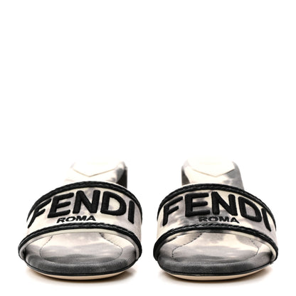 Fendi Canvas Floral Print Logo Mid-Heel Slide Sandals 40.5 Black White 2 of 7