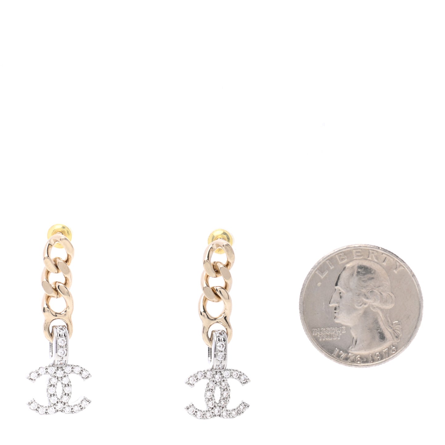 Metal Crystal CC Chain Drop Earrings Gold