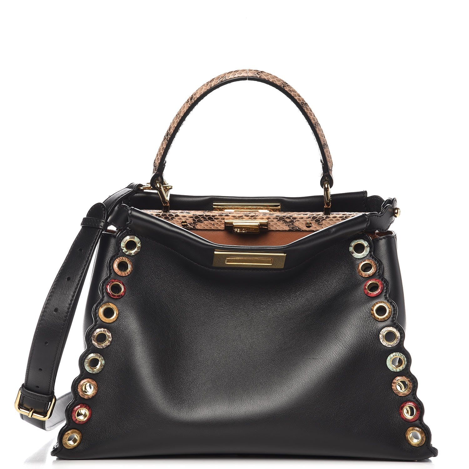 Fendi Vitello Seta Elaphe Nappa Grommet Medium Peekaboo Iconic Satchel Black Multicolor 1 of 7