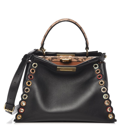 Fendi Vitello Seta Elaphe Nappa Grommet Medium Peekaboo Iconic Satchel Black Multicolor 1 of 7