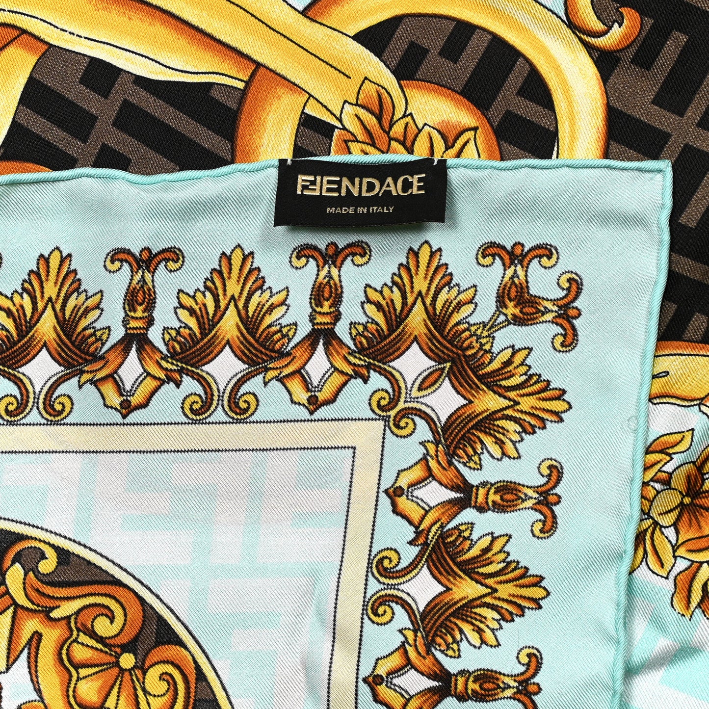 X VERSACE Silk FF Baroque Foulard Scarf Gold