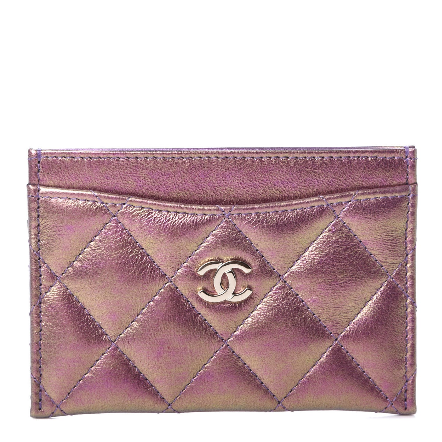 Iridescent Lambskin Quilted Card Holder Purple