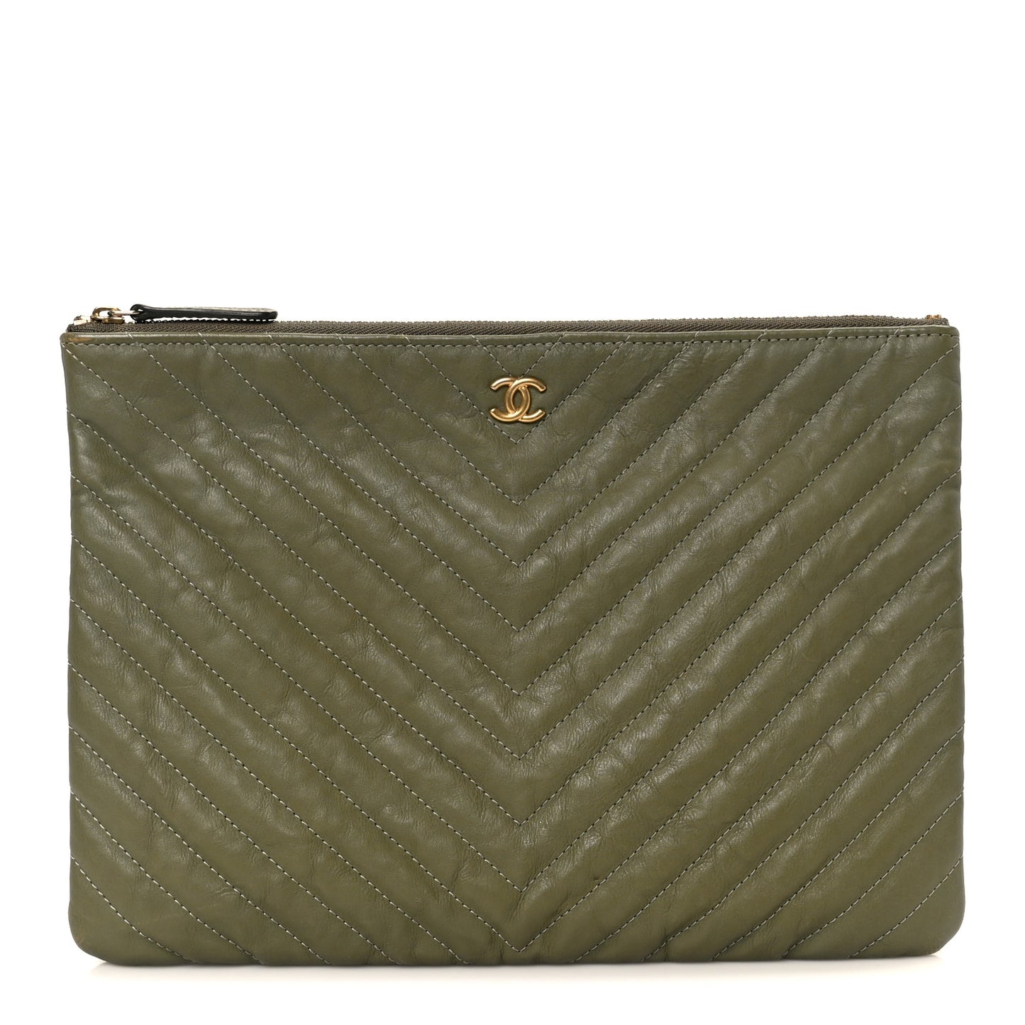 Calfskin Chevron Quilted Medium Cosmetic Case Khaki