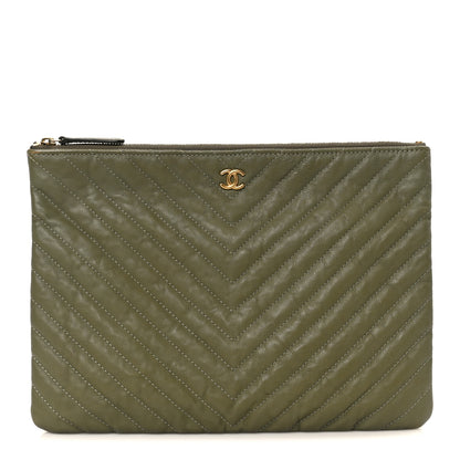 Chanel Calfskin Chevron Quilted Medium Cosmetic Case Khaki 1 of 8