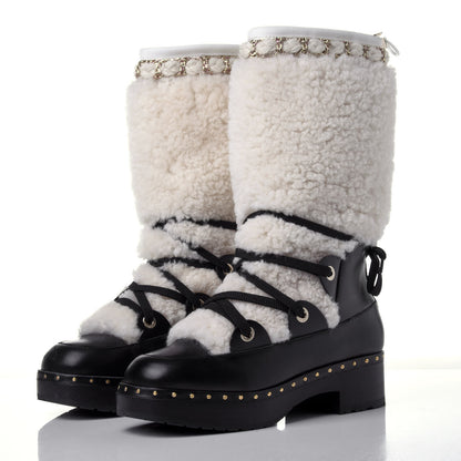 Chanel Shearling Chain Studded CC High Boot 38 Black 3 of 12