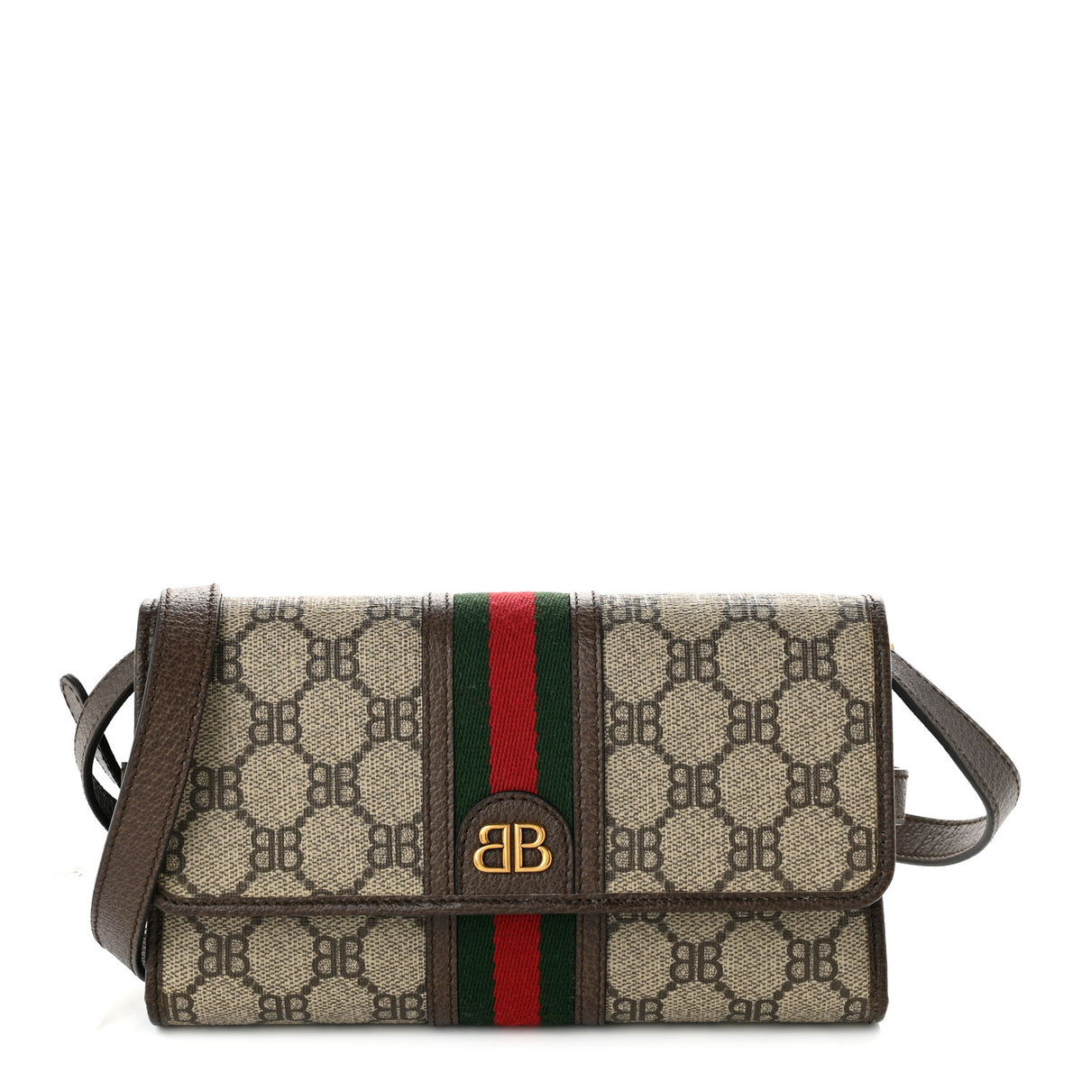 X BALENCIAGA BB Monogram Web Ophidia Crossbody Wallet Beige New Acero
