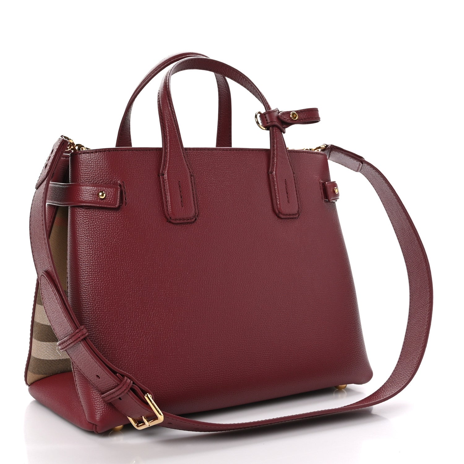Burberry Grainy Calfskin House Check Medium Banner Tote Mahogany Red 3 of 9