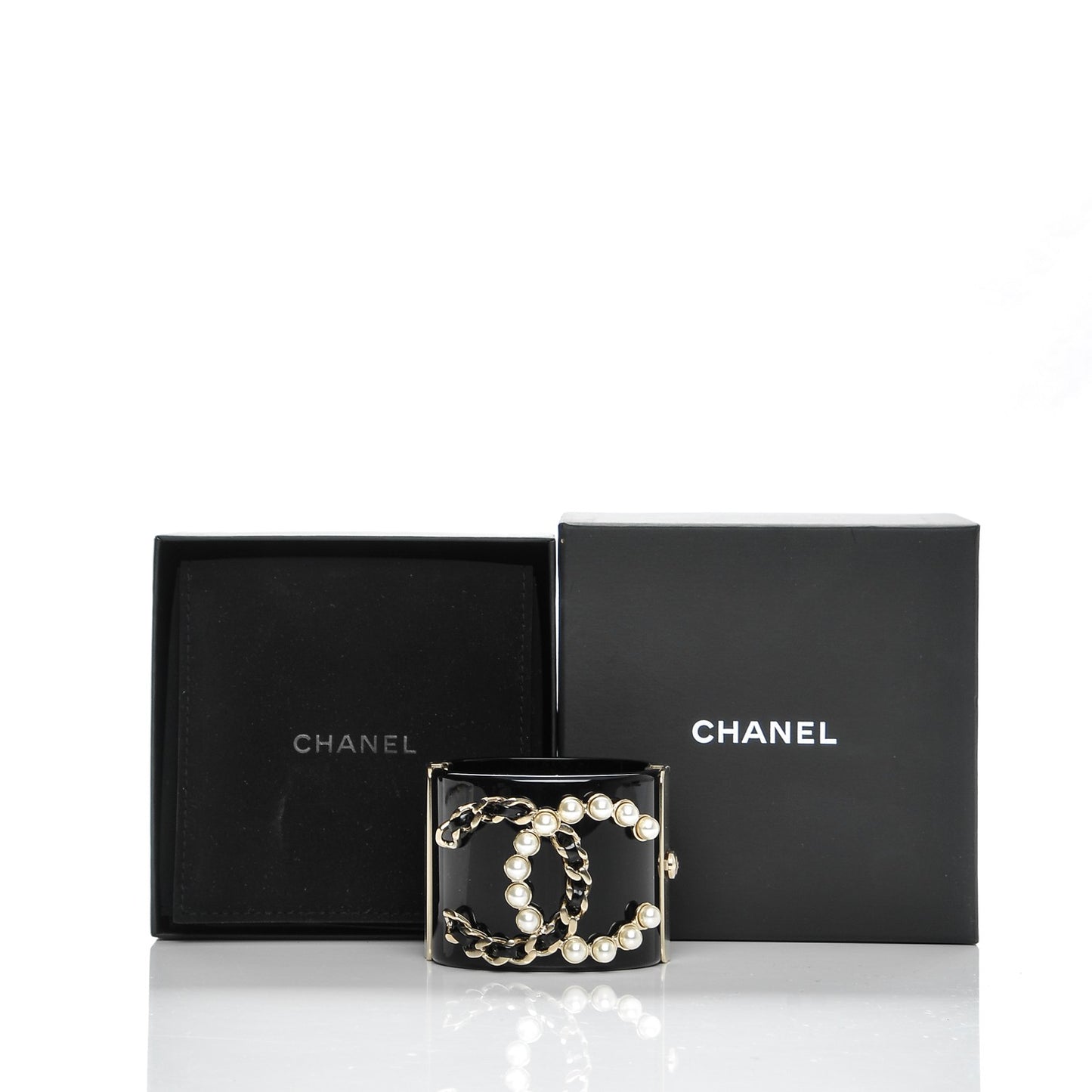 Pearl Calfskin Chain CC Cuff Black Gold