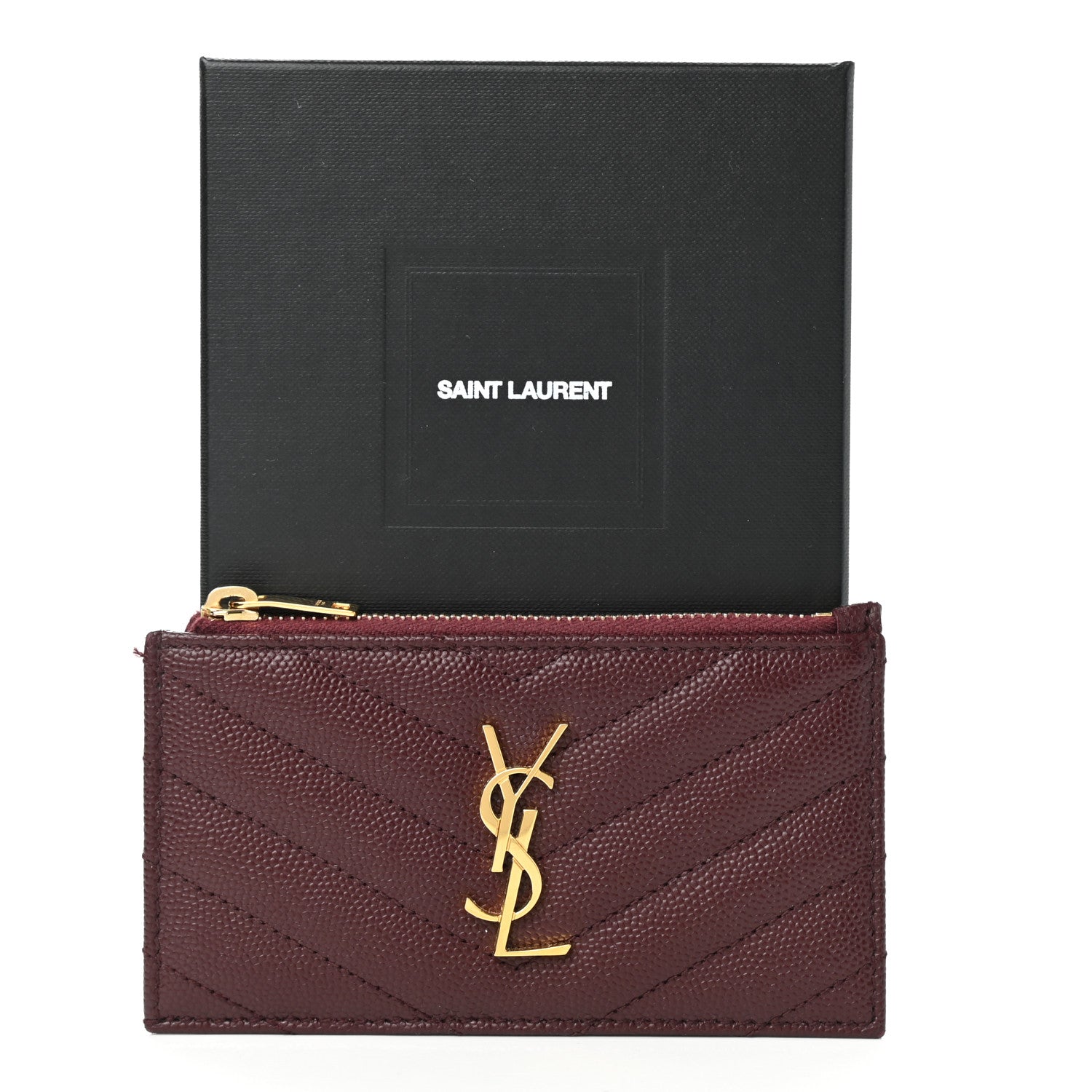 Saint Laurent Grain De Poudre Matelasse Chevron Monogram Fragments Zippered Card Case Rouge Legion 8 of 8