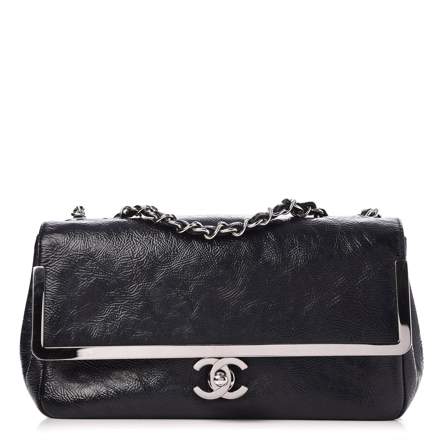 Distressed Patent Calfskin Small Frame Single Flap Black