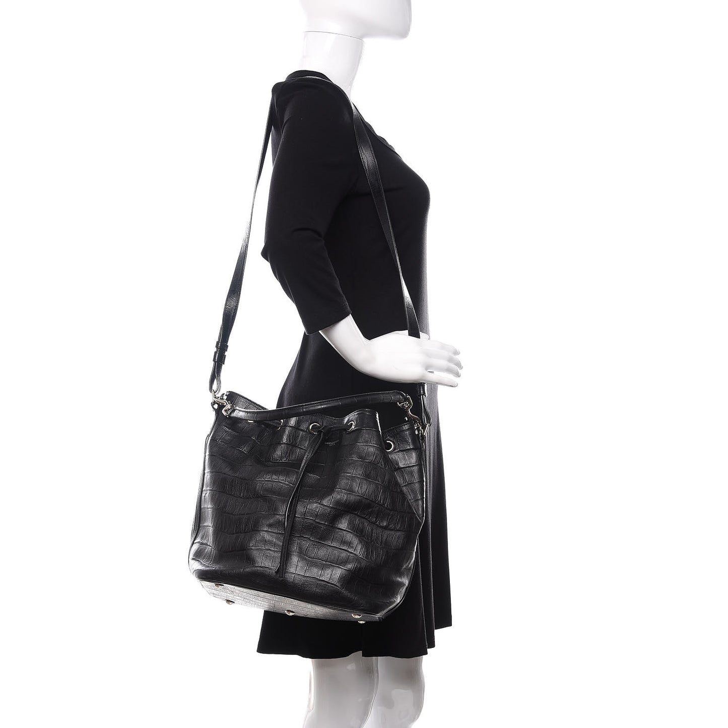 Calfskin Crocodile Embossed Large Emmanuelle Bucket Bag Black