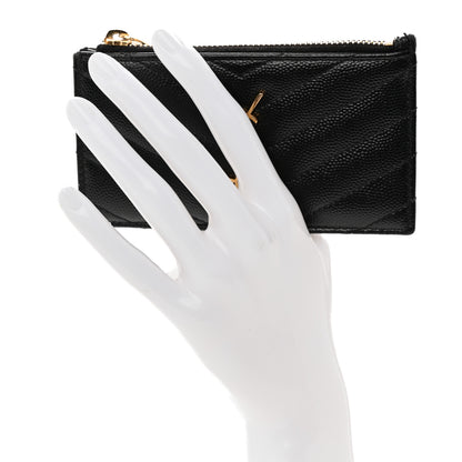 Saint Laurent Grain De Poudre Matelasse Chevron Monogram Fragments Zippered Card Case Black 2 of 9