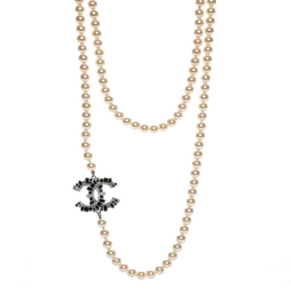 Chanel Pearl Crystal CC Long Necklace Black Silver 1 of 5
