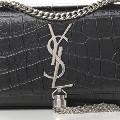 Saint Laurent Calfskin Crocodile Embossed Small Classic Monogram Tassel Satchel Black 7 of 10