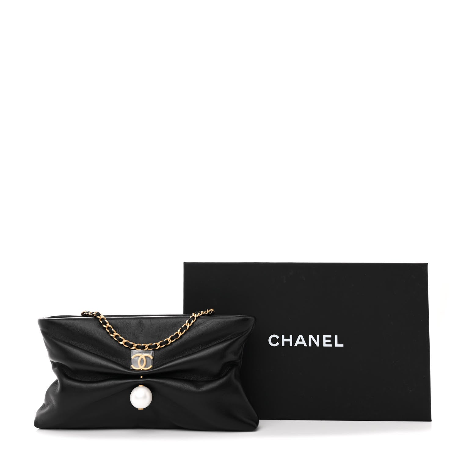 Chanel Shiny Lambskin Pearl Clutch With Chain Black 1650502