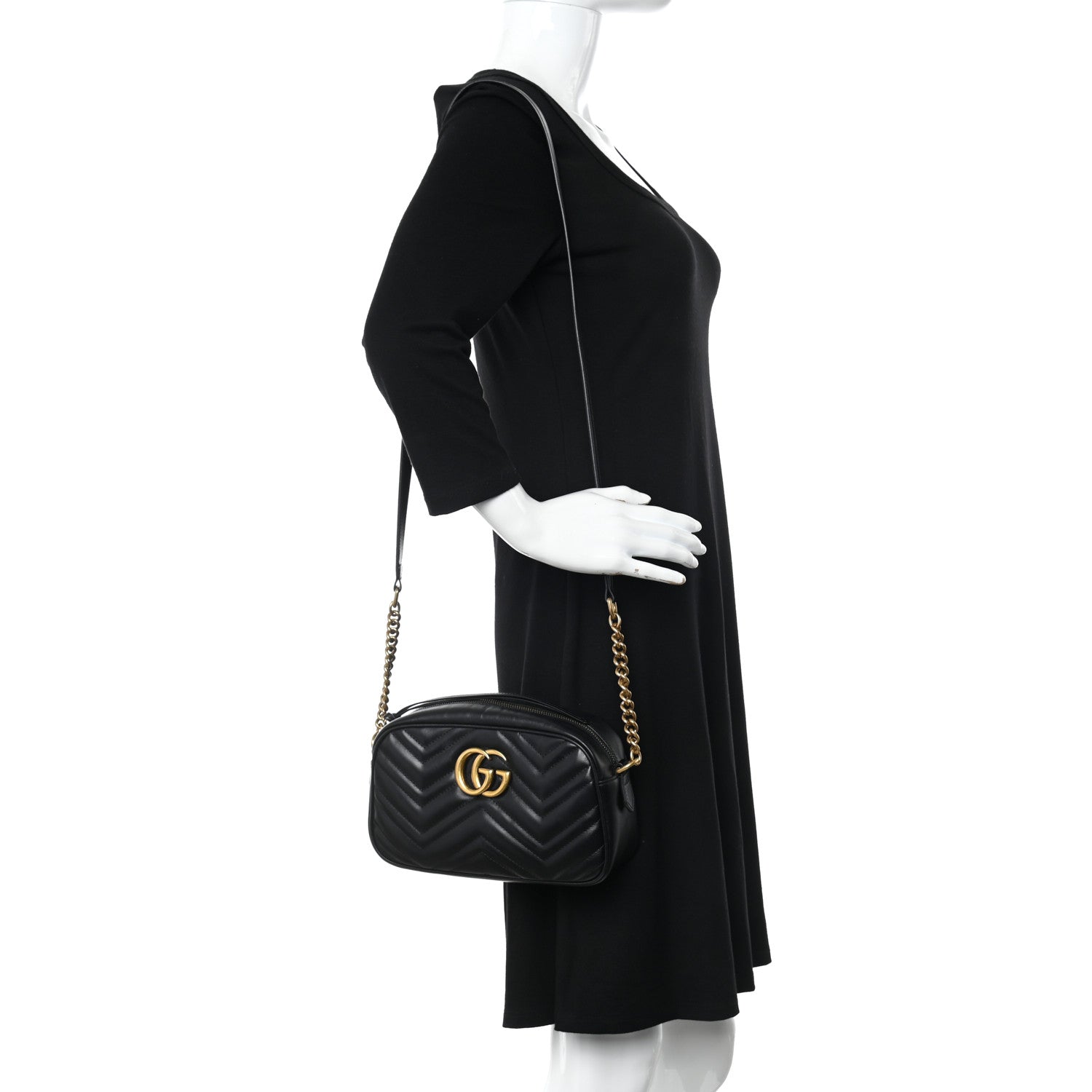 Gucci Calfskin Matelasse Small GG Marmont Chain Shoulder Bag Black 2 of 11