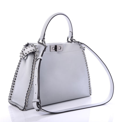 Fendi Vitello Seta Shiny Nappa Scalloped Studded Medium Peekaboo Iconic Satchel Grigio Perla 3 of 10