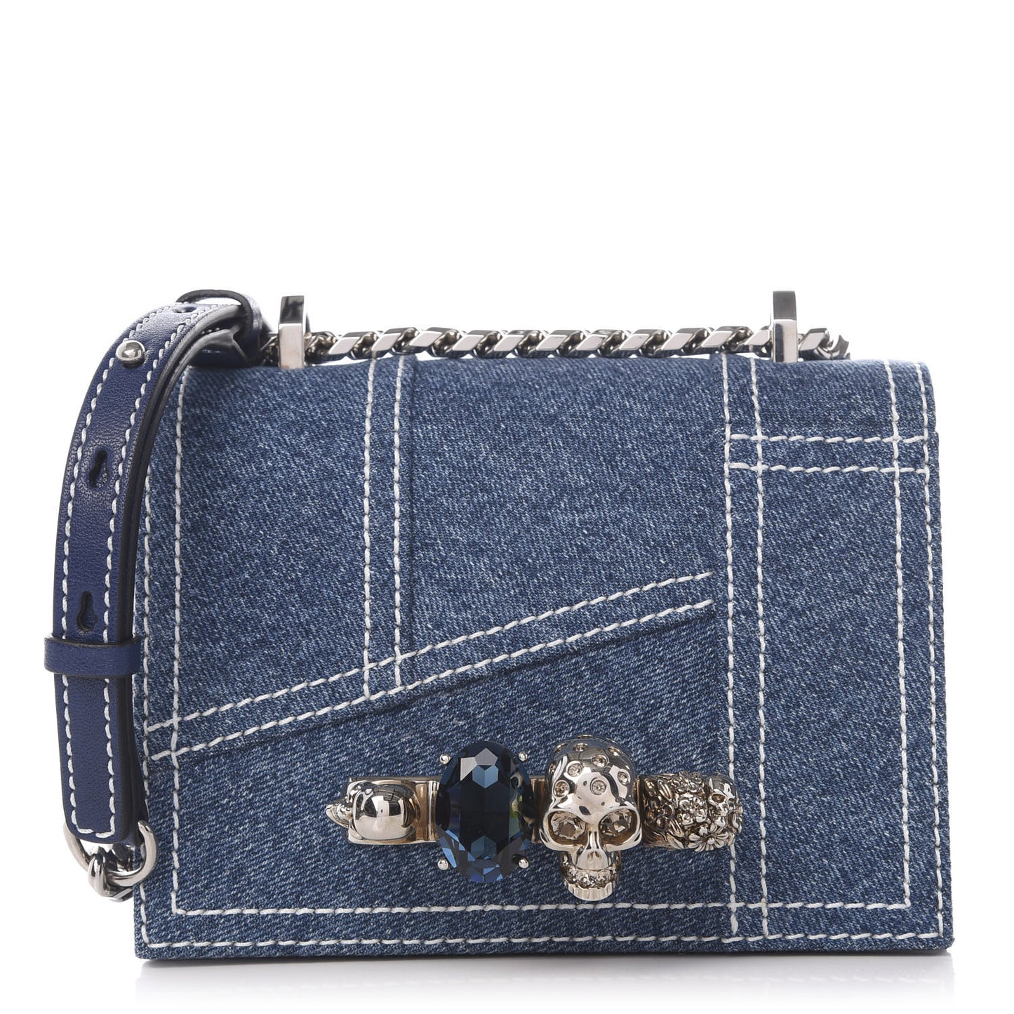 Denim Small Jeweled Knuckle Satchel Indigo Pacific