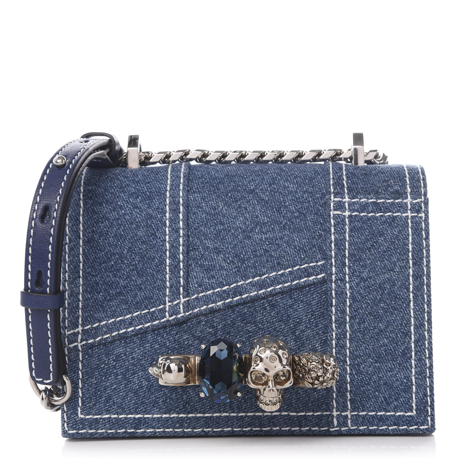 Alexander McQueen Denim Small Jeweled Knuckle Satchel Indigo Pacific 1 of 9