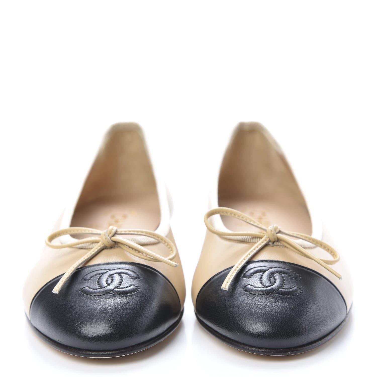 Chanel Lambskin CC Cap Toe Ballerina Flats 37.5 Beige Black 2 of 8