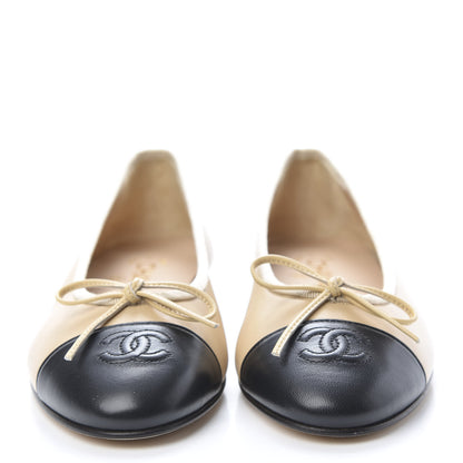 Chanel Lambskin CC Cap Toe Ballerina Flats 37.5 Beige Black 2 of 8