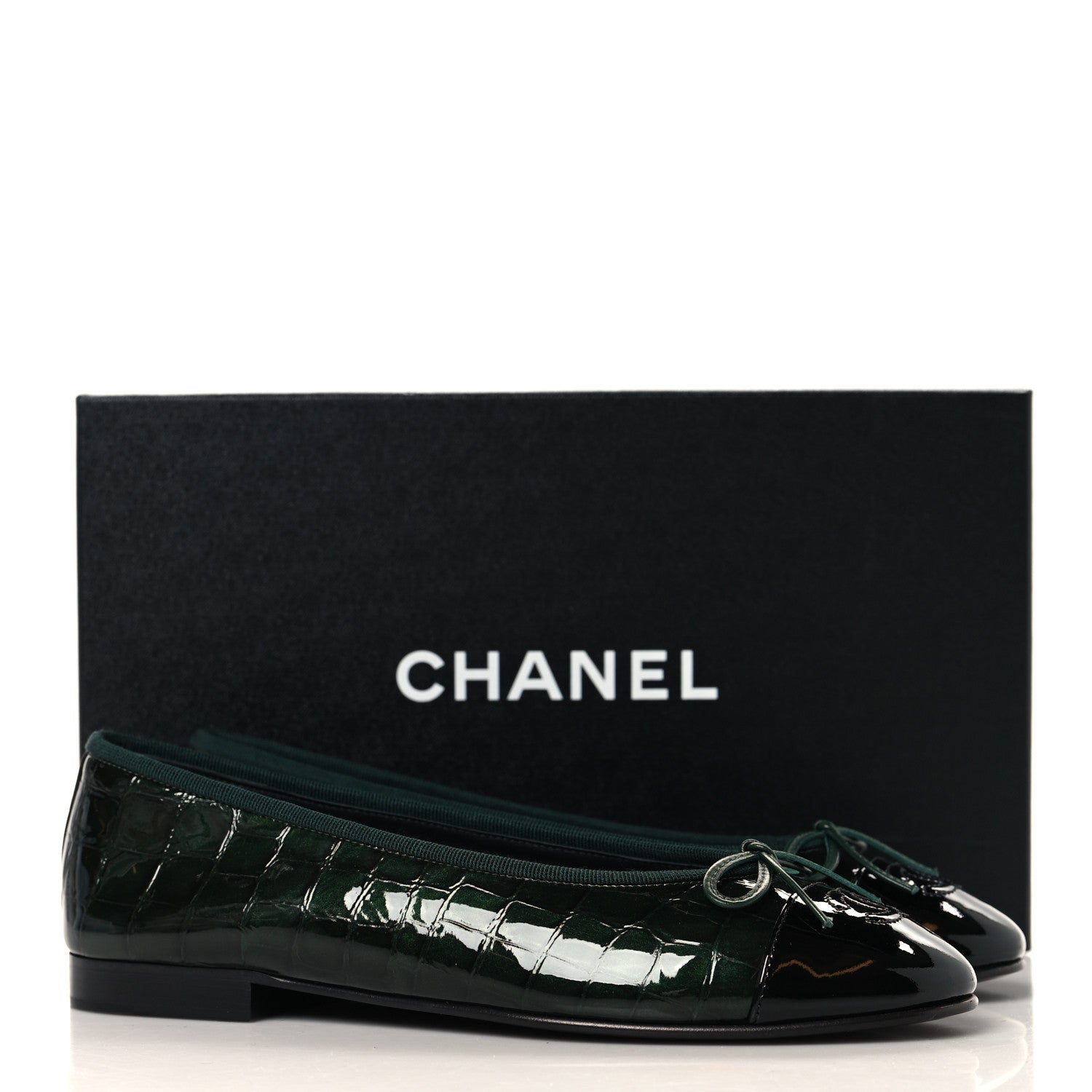 Chanel Patent Calfskin Crocodile Embossed Ballerina Flats 38 Dark Green Black 10 of 10