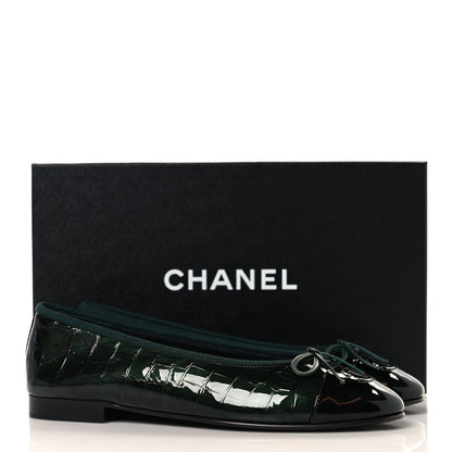 Chanel Patent Calfskin Crocodile Embossed Ballerina Flats 38 Dark Green Black 10 of 10