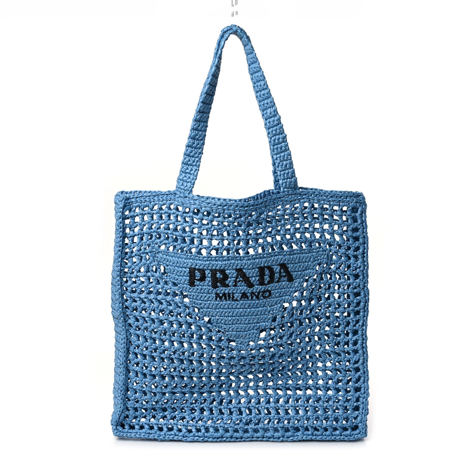 Prada Yarn Raffia Effect Crochet Logo Embroidered Tote Bag Celeste 1 of 8