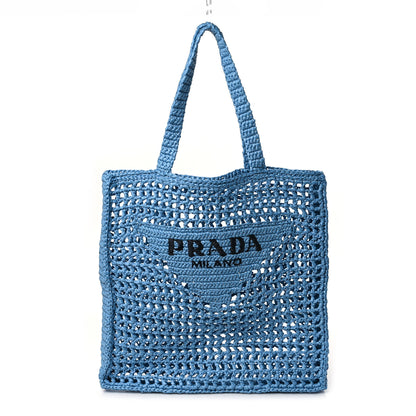 Prada Yarn Raffia Effect Crochet Logo Embroidered Tote Bag Celeste 1 of 8