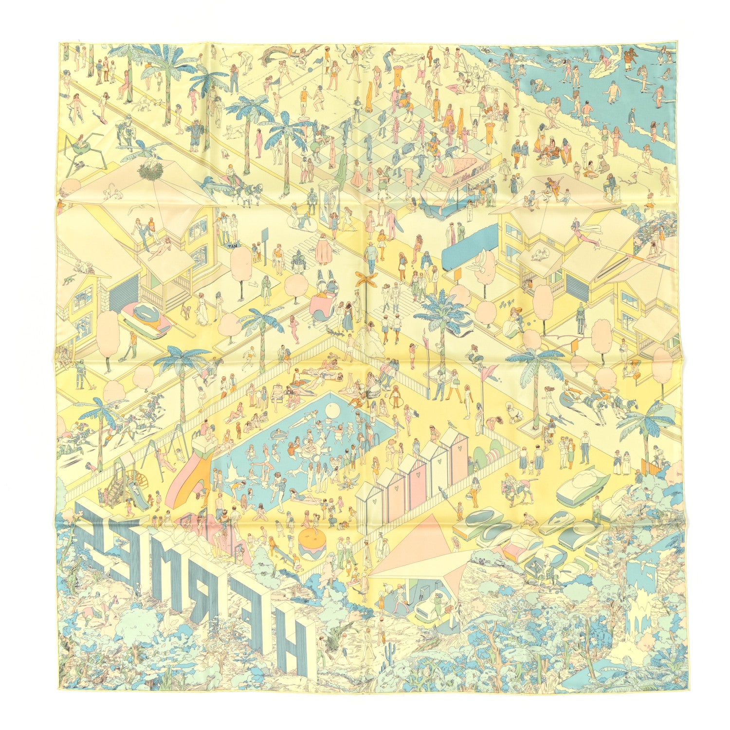 Hermes Silk On The Beach Scarf 90 Jaune Soufre Aqua 1 of 5