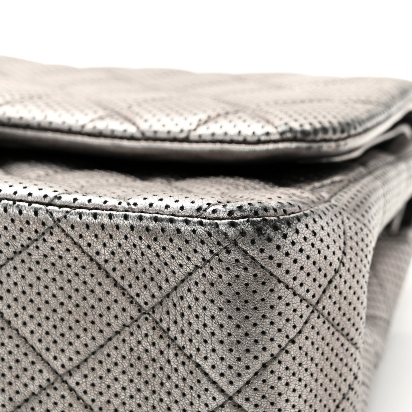 Metallic Perforated Lambskin Quilted Jumbo Double Flap Dark Silver