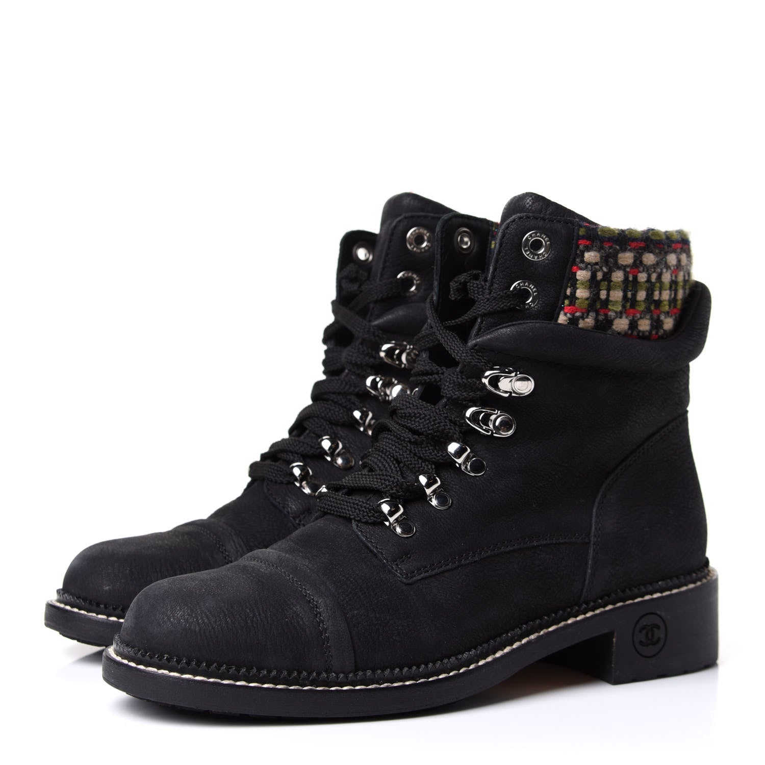 Chanel Calfskin Tweed Trim Lace Up Boots 38.5 Black Multicolor 3 of 6