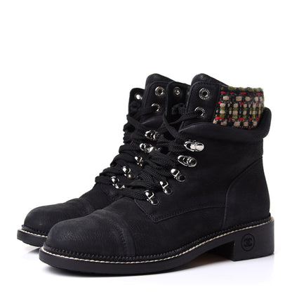 Chanel Calfskin Tweed Trim Lace Up Boots 38.5 Black Multicolor 3 of 6