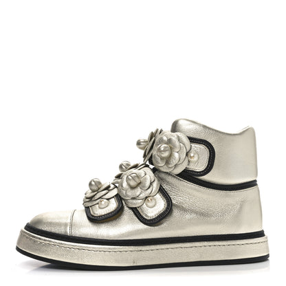 Chanel Metallic Lambskin Camellia High Top Sneakers 39.5 Gold 1 of 9
