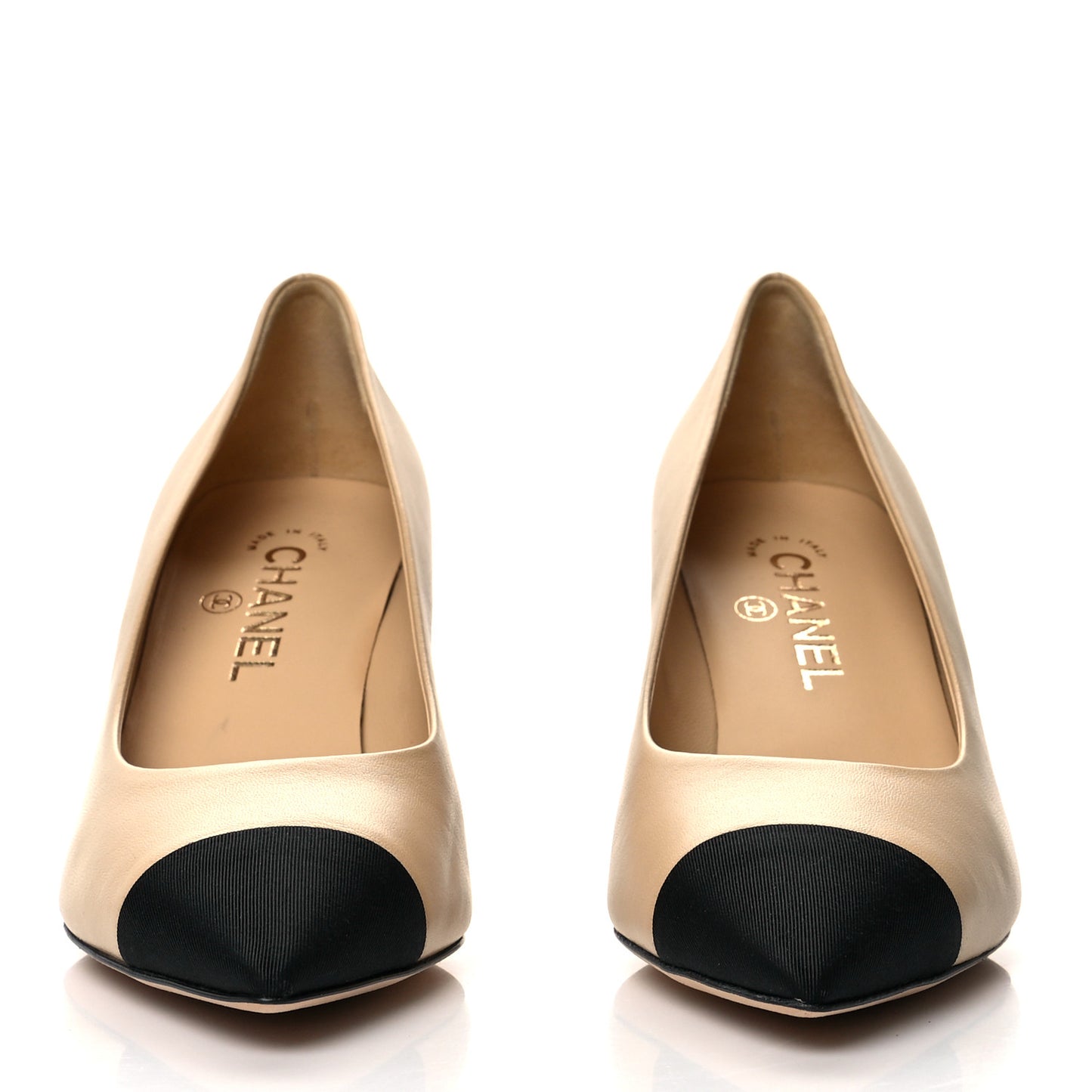 Lambskin Grosgrain Cap Toe CC Pumps 39 Beige Black