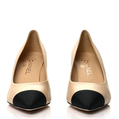 Chanel Lambskin Grosgrain Cap Toe CC Pumps 39 Beige Black 2 of 8