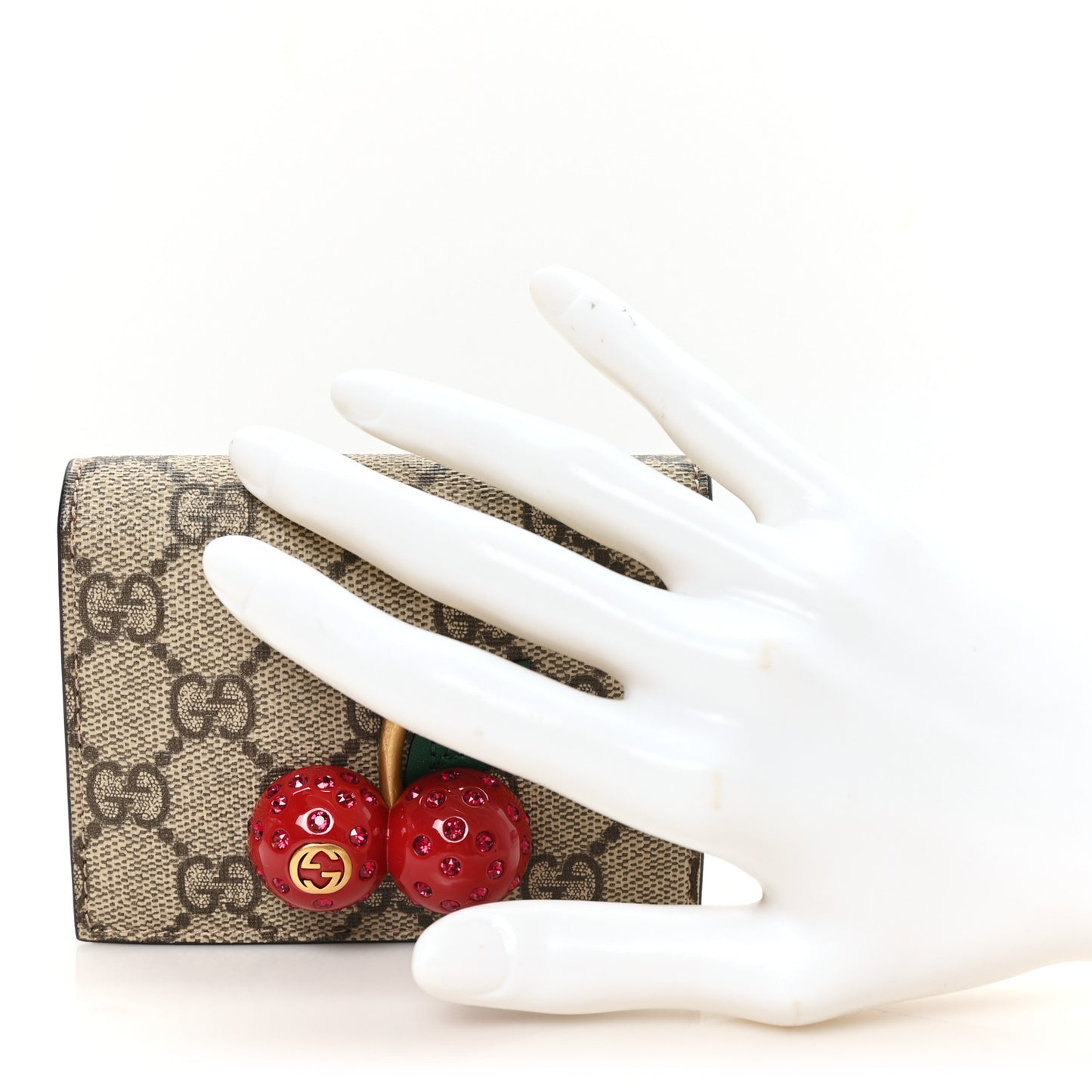 GG Supreme Monogram Cherry Embellished Card Case Wallet Hibiscus Red