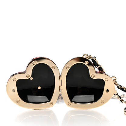 Chanel Tweed Lambskin CC Heart Mirror Locket Necklace Gold Grey Red Black 5 of 9