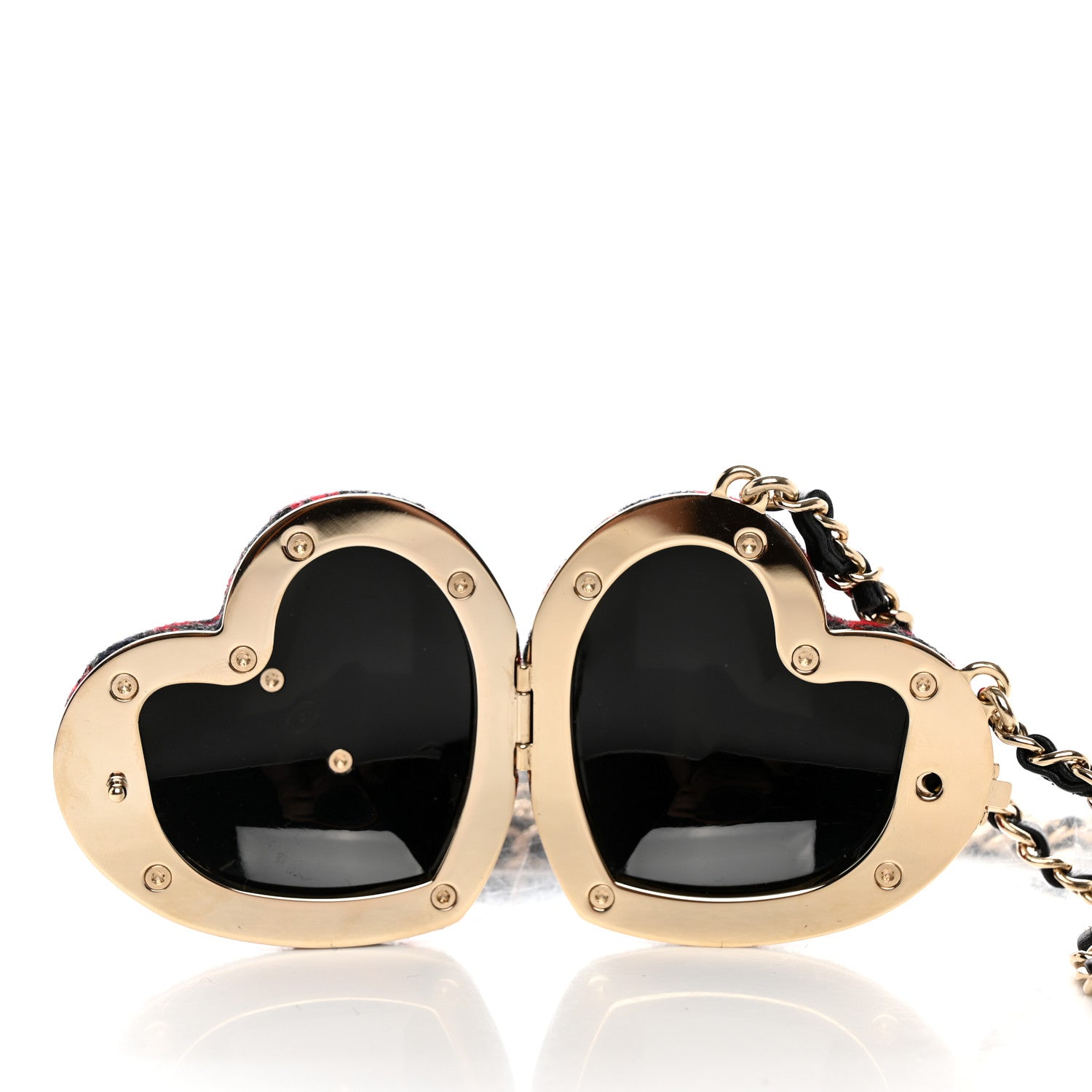 Chanel Tweed Lambskin CC Heart Mirror Locket Necklace Gold Grey Red Black 5 of 9